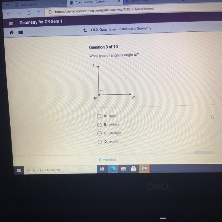 Question 3 of 10 What type of angle is angle M?-example-1