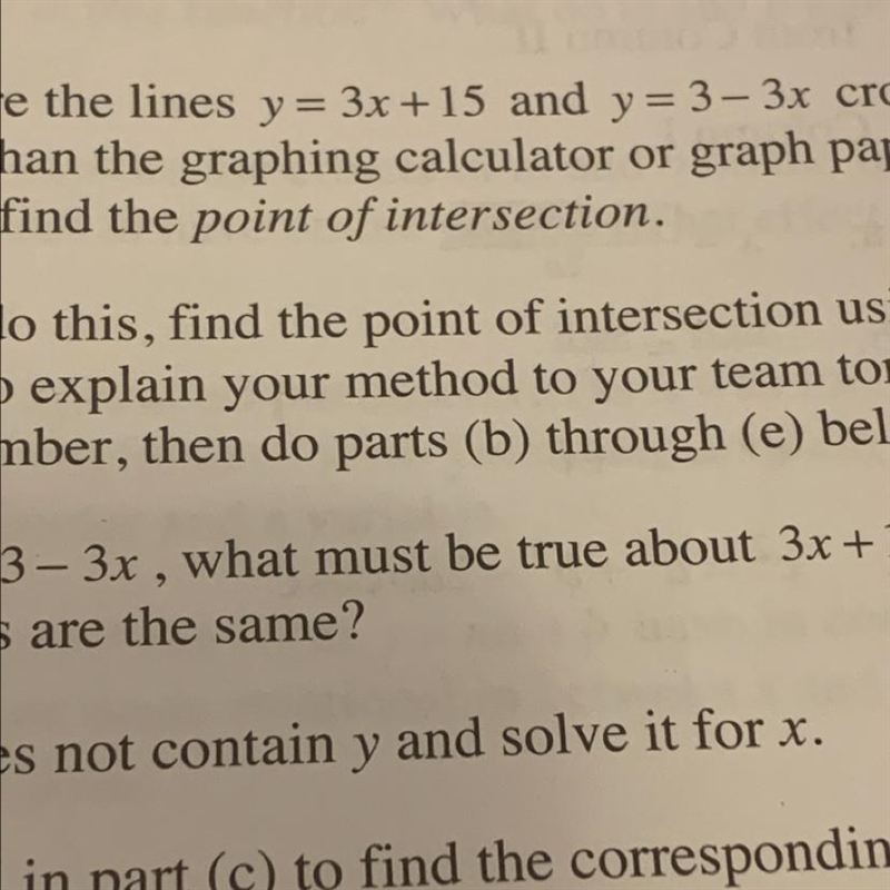 Point of intersection . What is the point of intersection with lines Y=3x +15 and-example-1