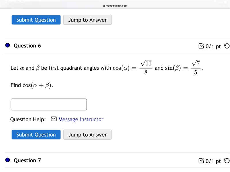 Cos ( α ) = 11/8 and sin ( β ) = √ 7/5 . Find cos ( α + β )-example-1