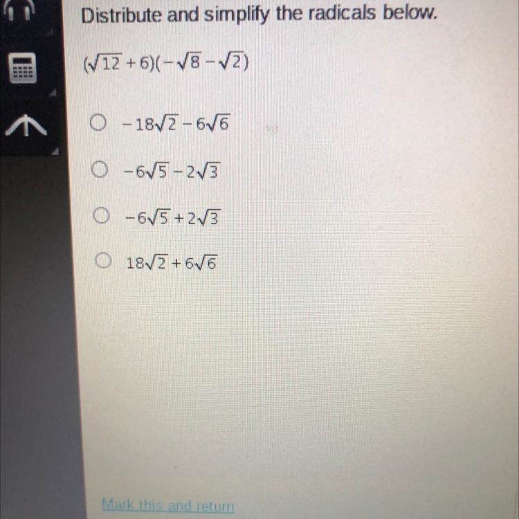 Distribute and simplify the radicals below. Help me please I really needed it-example-1