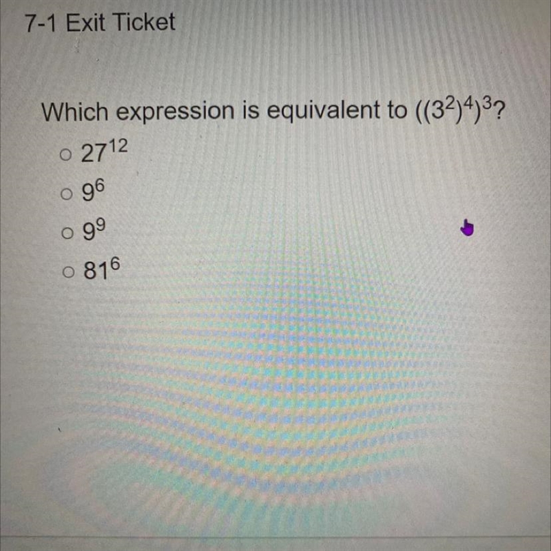 Which expression is equivalent to ((32)4)3?-example-1