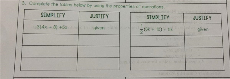 Complete the tables below by using the properties of operations (help)-example-1