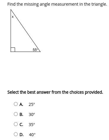 Find the missing angle measurement in the triangle.-example-1