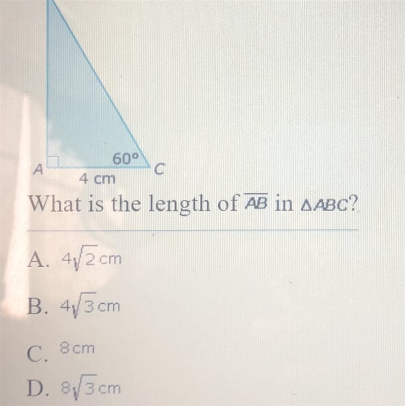 Option D: 8 square root 3 cm pls help thanks-example-1