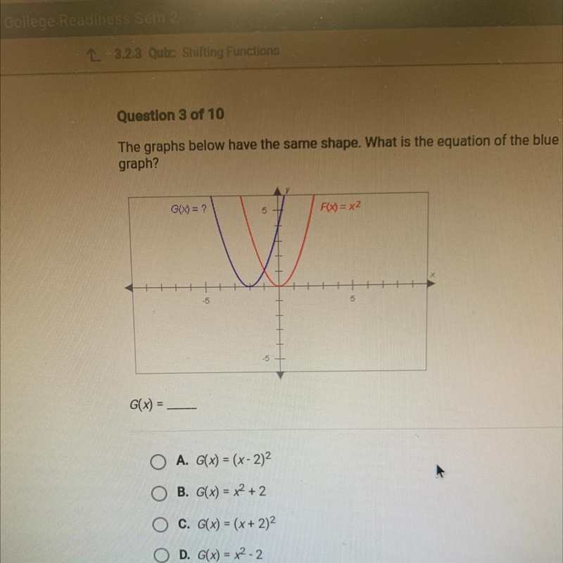 The graphs below have the same shape. What is the equation of the blue graph?-example-1