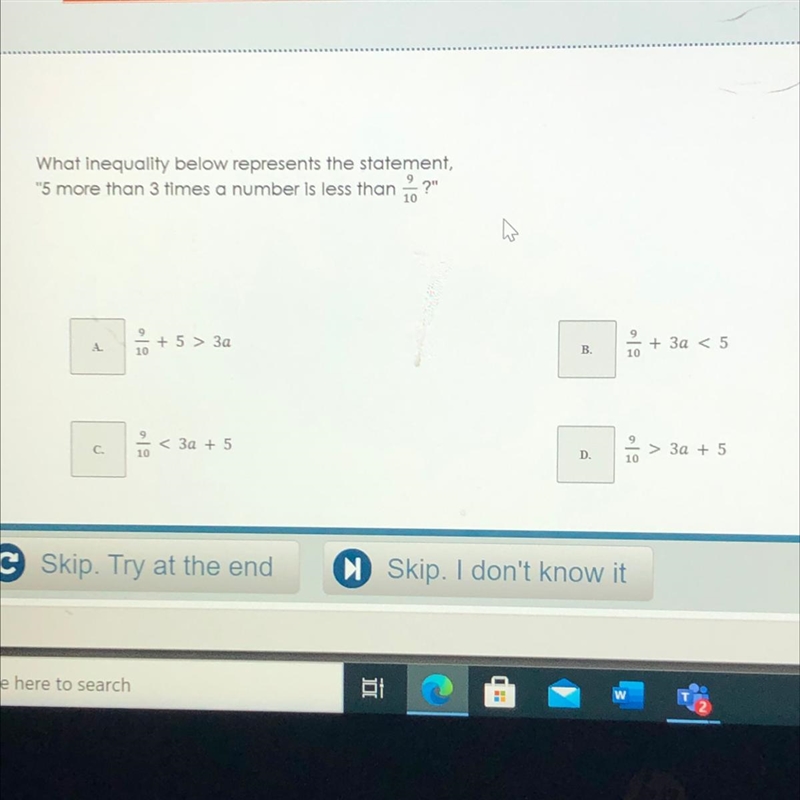 What inequality below represents the statement, "5 more than 3 times a number-example-1