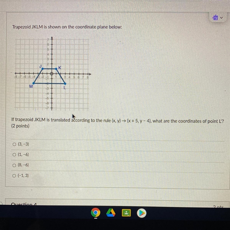 Trapezoid JKLM is shown on the coordinate plane below-example-1