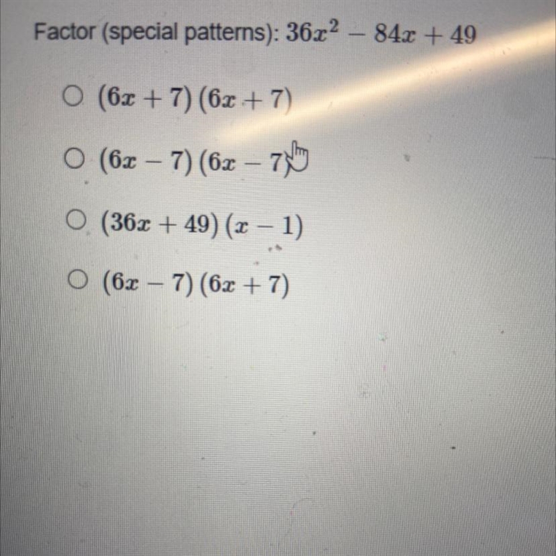 Factor( special patterns): 36x^2-84x+49-example-1