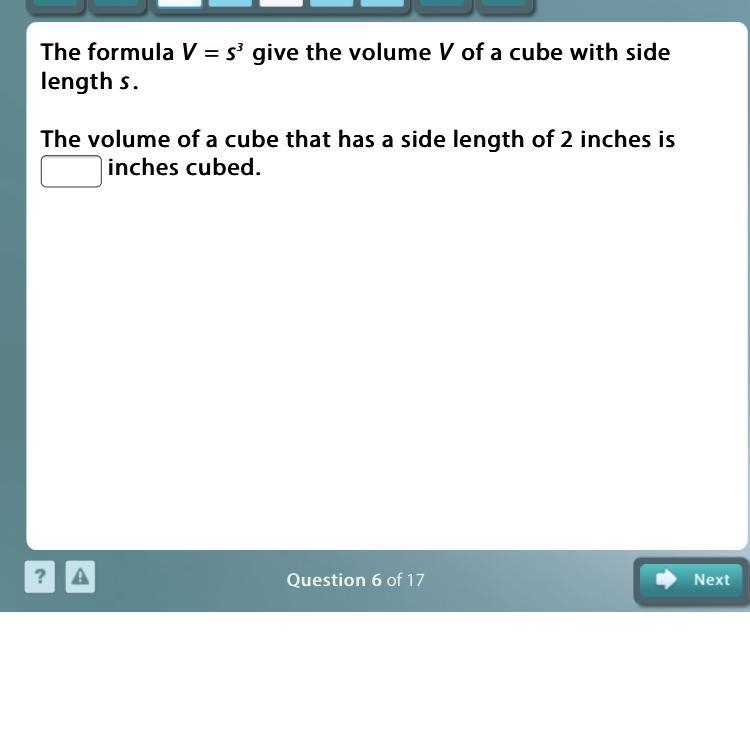 The formula V = s3 give the volume V of a cube with side length s.-example-1