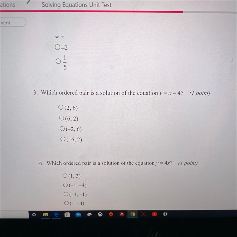 3. Which ordered pair is a solution of the equation y = x - 4? (1 point) O (2,6) O-example-1