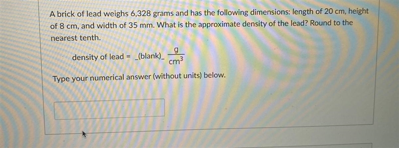 A brick of lead weighs 6,328 grams and has the following dimensions: length of 20 cm-example-1