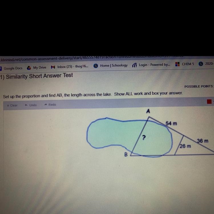 POSSIBLE POINTS: 8 Set up the proportion and find AB, the length across the lake. Show-example-1