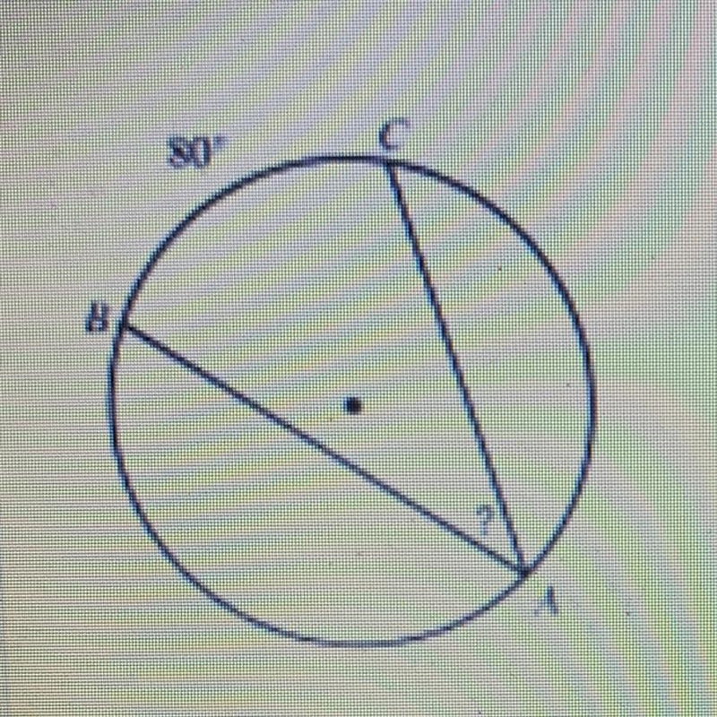 PLEASE HELP: Find the measure of the angle indicated. Arc BC is 80 degrees. 20 40 60 80-example-1