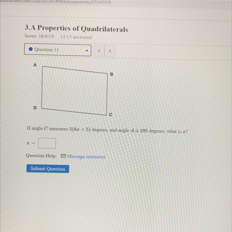 If angle C measures 5(6x + 5) degrees, and angle A is 295 degrees, what is x?-example-1