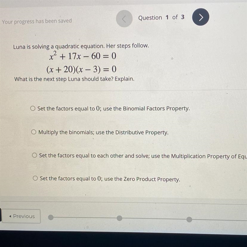 ❗️❗️❗️ Luna is solving a quadratic equation. Her steps follow, x^2+ 17x – 60 = 0 (x-example-1