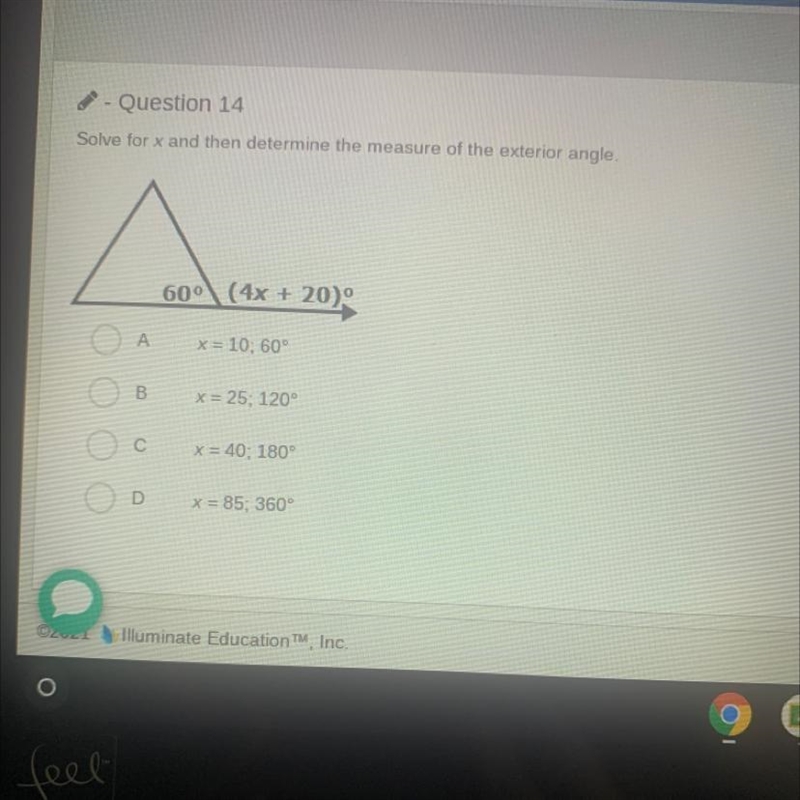 Solve for x and then determine the measure of the exterior angle.-example-1