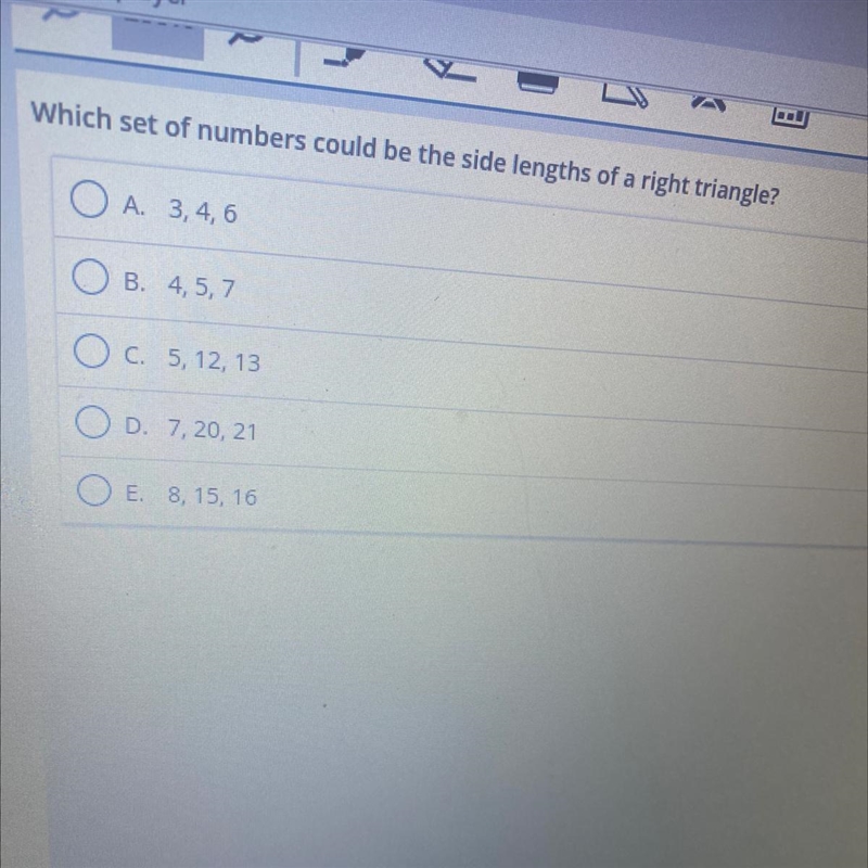 What set of numbers could be the side lengths of a right triangle ?-example-1