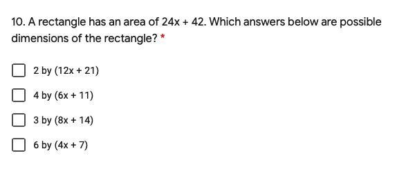 A rectangle has an area of 24x + 42. Which answers below are possible dimensions of-example-1