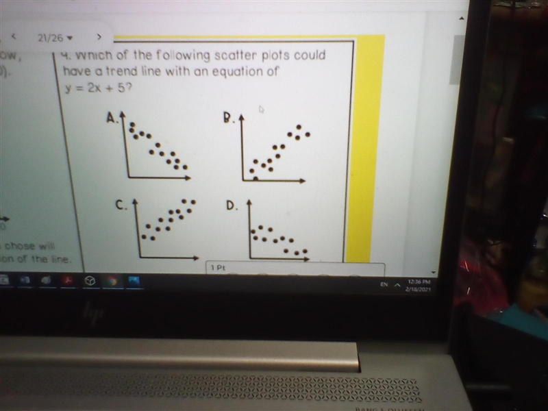 Which of the followers scatter plots could have a trend line with an equation of 2x-example-1