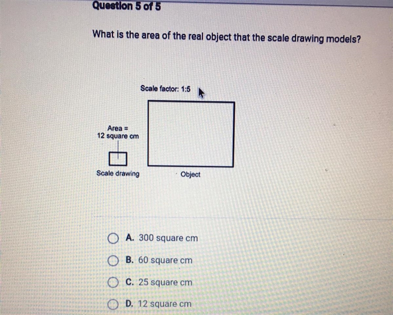 What is the area of the real objet that the scale drawing models A. 300 square cm-example-1