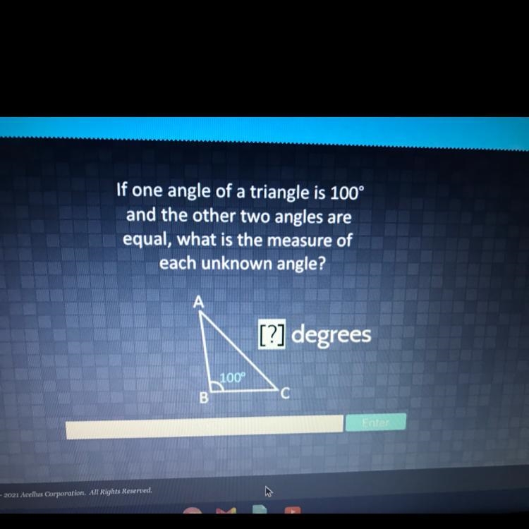 If one angle of a triangle is 100 degrees and the other two angles are equal what-example-1