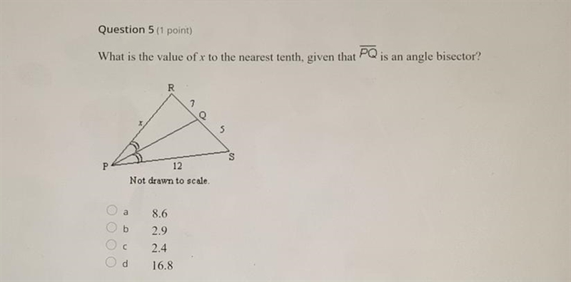 What is the value of x to the nearest tenth, given that PQ is an angle bisector?-example-1