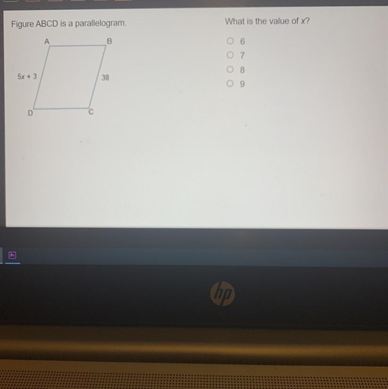 Figure ABCD is a parallelogram. What is the value of x? А В 7 Оооо 8 5х + 3 38 D С-example-1