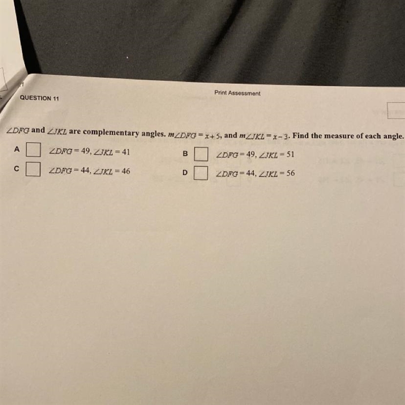 ∠DFG and ∠JKL are complementary angles. m∠DFG = x + 5, and m∠JKL = x − 3. Find the-example-1