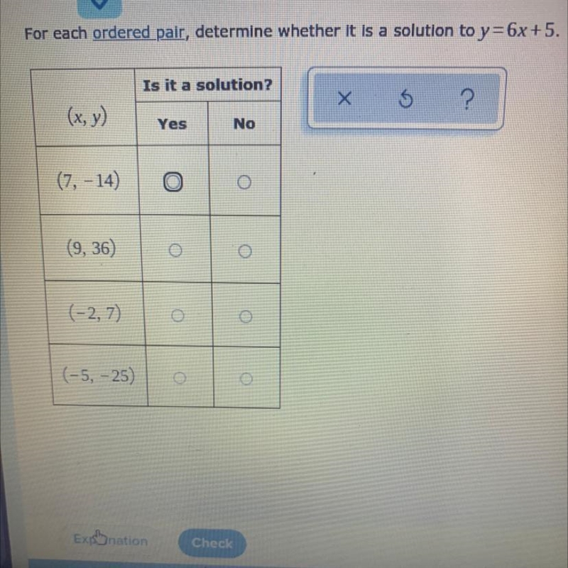 For each ordered pair , determine wether it is a solution to y=6x+5-example-1