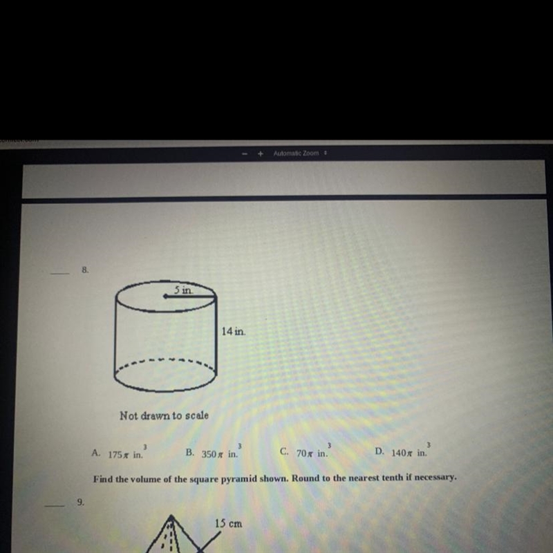 Find the volume of the cylinder in terms of pi-example-1