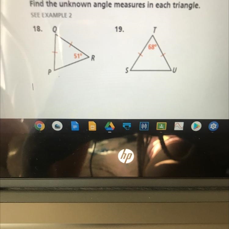 Find the unknown angle measures in each triangle-example-1