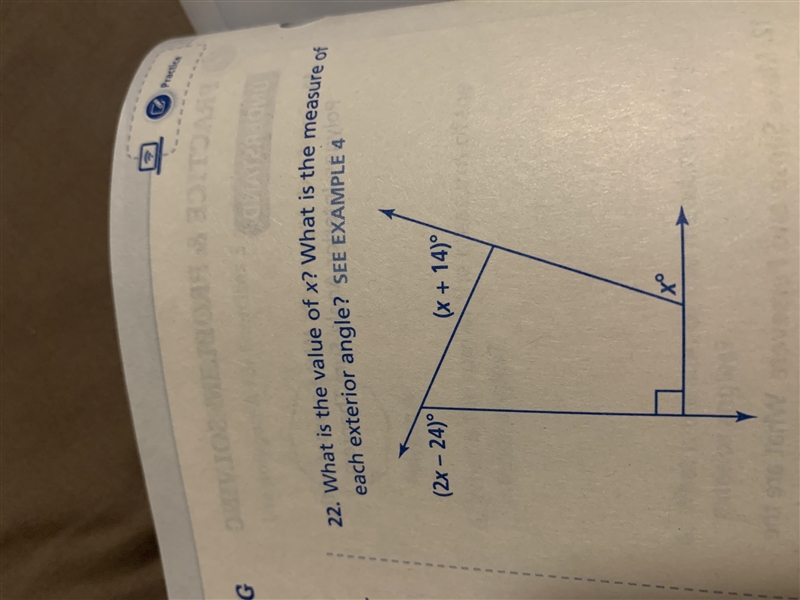 (20 Points) Please help! What is the value of x? What is the measure of each exterior-example-1