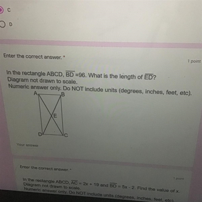 (29 points!!!)Enter the correct answer. in the rectangle ABCD, BD =96. What is the-example-1