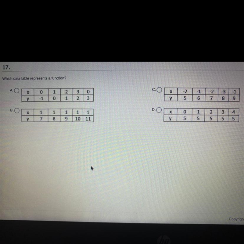 Which data table represents a function?-example-1