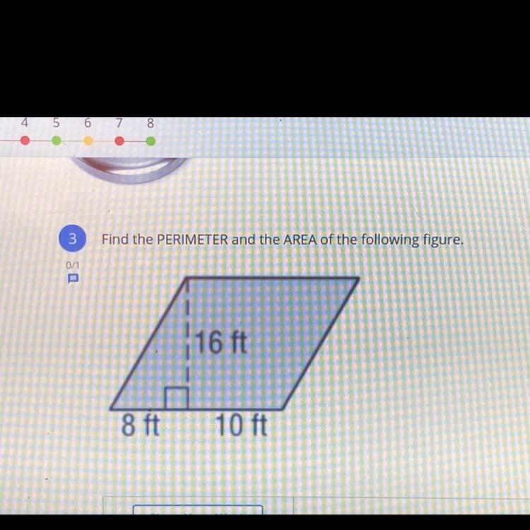 Find the PERIMETER and the AREA of the following figure, 16 ft 8 ft 10 ft-example-1