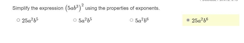 Simplify the expression (5ab3)^2 using the properties of exponents.-example-1