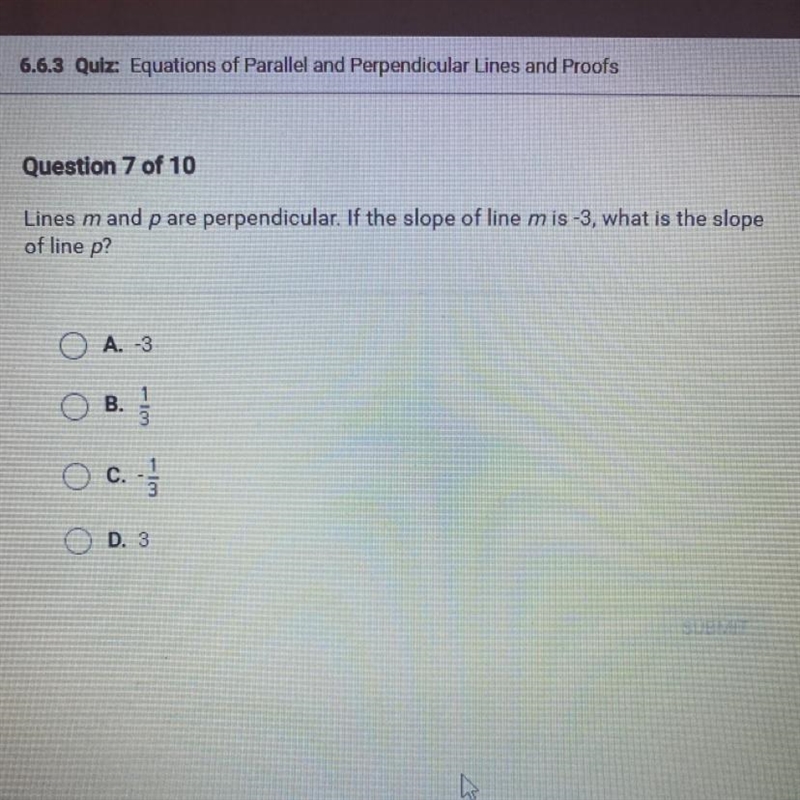 Lines m and p are perpendicular. If the slope of line m is -3, what is the slope of-example-1