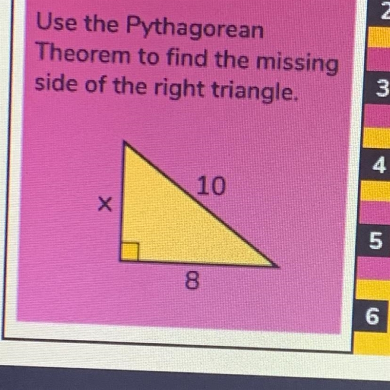 Need help!! “Use the Pythagorean theorem to find the missing side of the right triangle-example-1