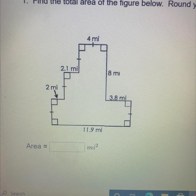 HELP ASAP!! Find the total area of the figure below. Round your answer to the nearest-example-1