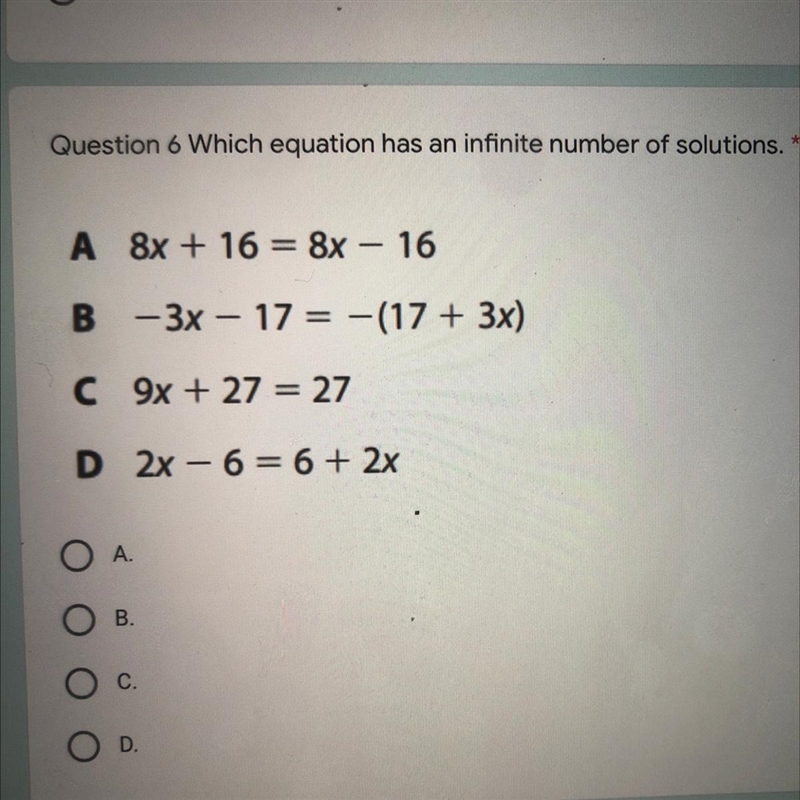 Can y’all please help me which equation has an infinite number-example-1