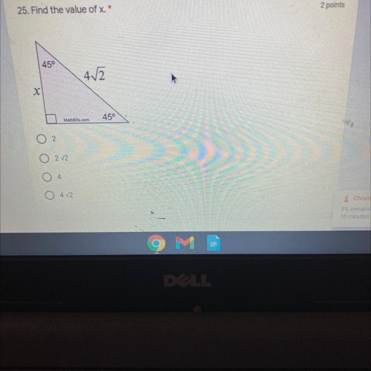 25. Find the value of x. * 2 points 450 412 X MathBits.com 450 O 2 0 212 0.4 04.12-example-1