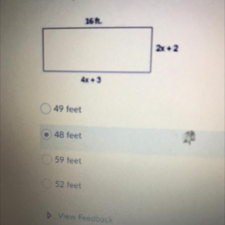 Find the perimeter of the rectangle. Do not round, 16 ft 4x + 3 49 feet 48 feet 59 feet-example-1