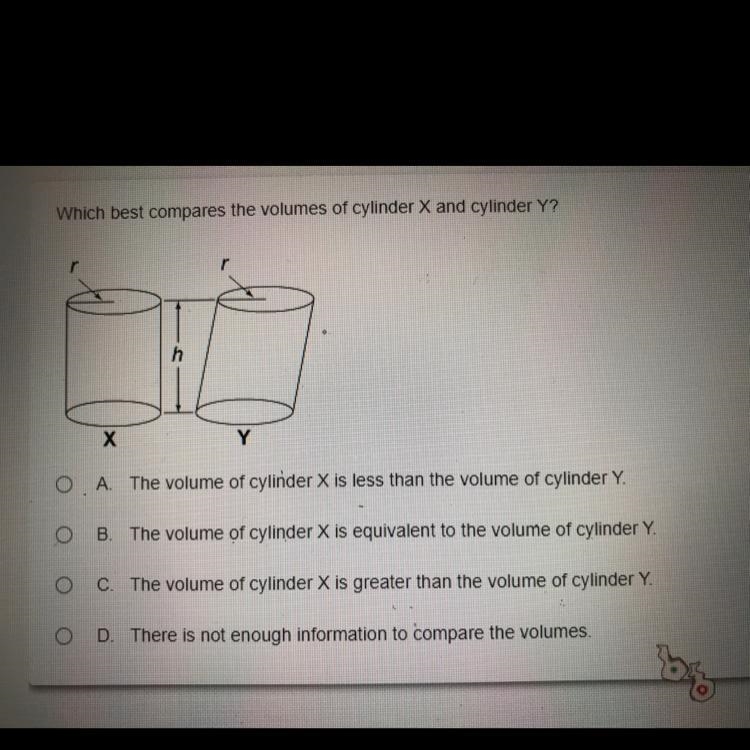 Which best compares the volumes of cylinder X and cylinder Y?-example-1