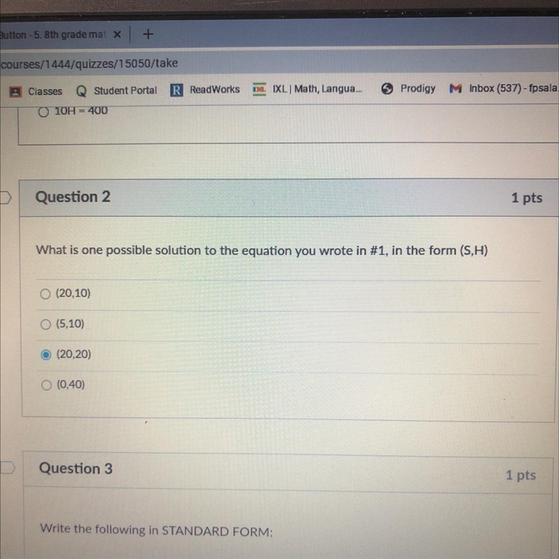 What is one possible solution to the equation you wrote in #1, in the form (S,H) O-example-1