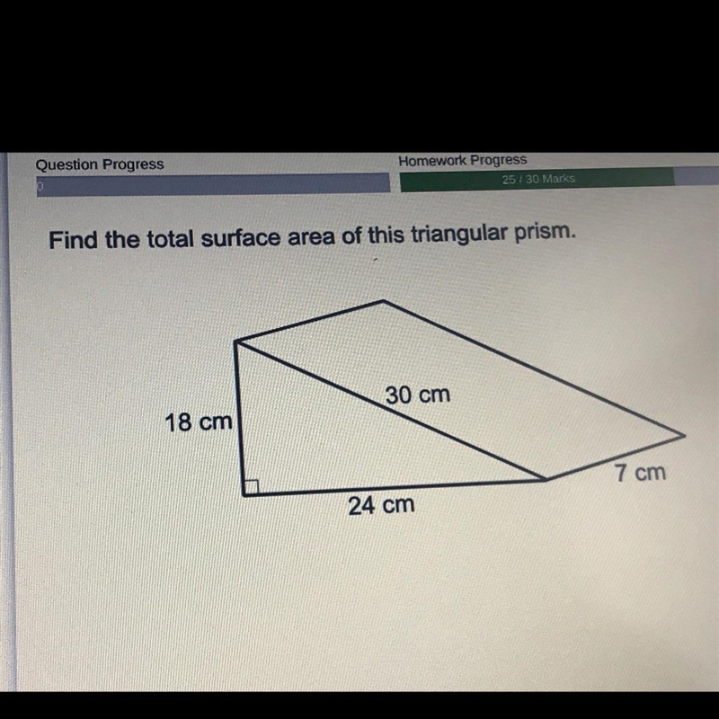 Find the total surface area of this triangular prism. 30 cm 18 cm 7 cm 24 cm-example-1