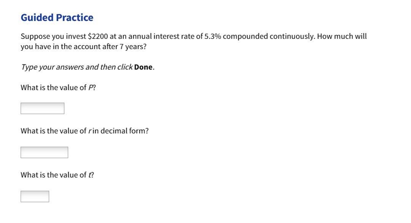 Suppose you invest $2200 at an annual interest rate of 5.3% compounded continuously-example-1