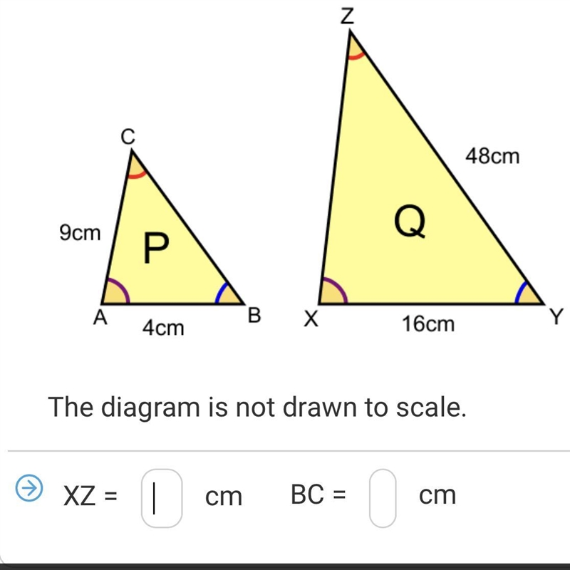 Triangles P and Q are similar. Find the lengths of the sides:-example-1