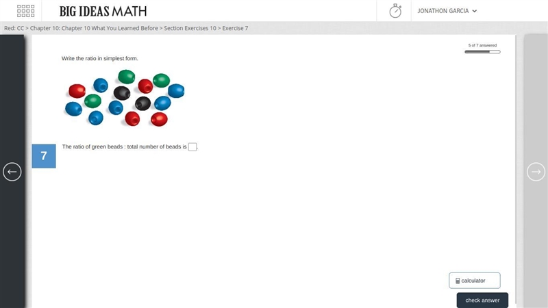 Write the ratio in simplest form. The ratio of green beads : total number of beads-example-1