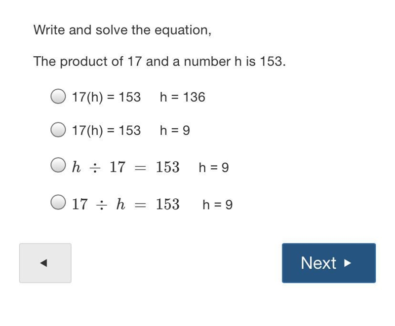 The answer please The product of 17 and a number h is 153-example-1