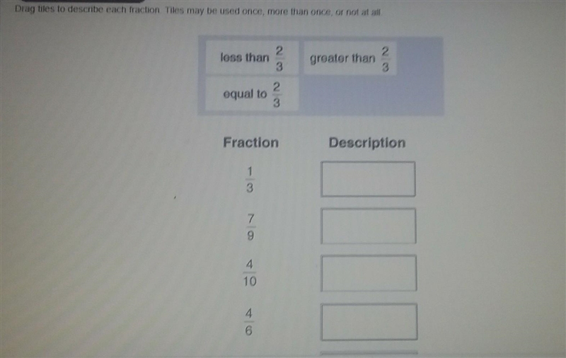 Drag tiles to describe each fraction Tiles may be used once, more than once, or not-example-1